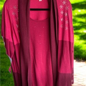 Quacker Factory Pink and Burgundy Faux-Cardigan Sparkly Sweater